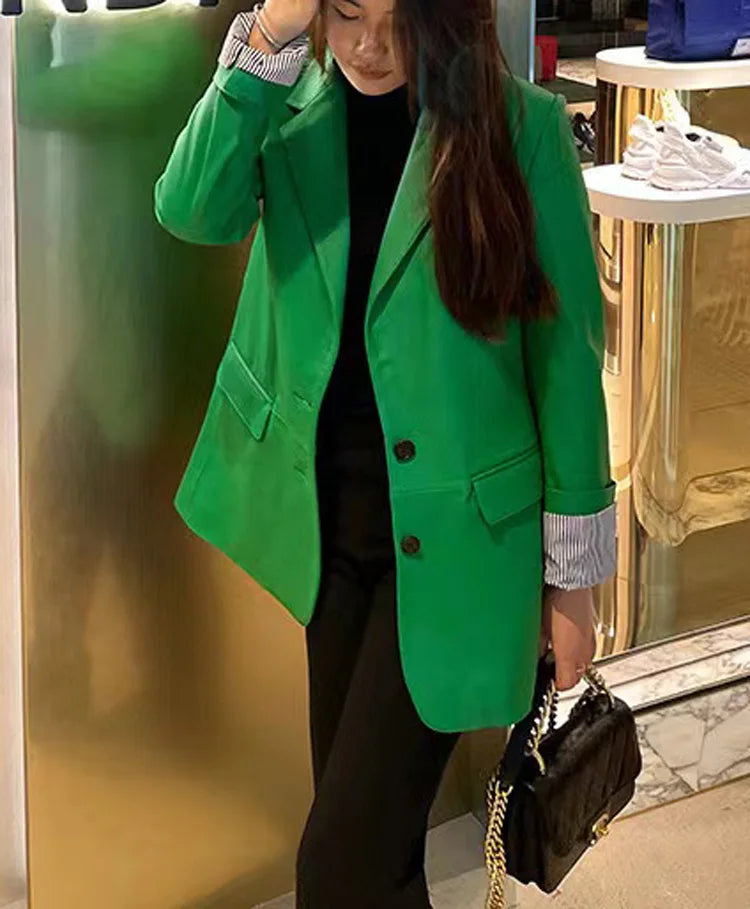 European American Streetwear Leather Jacket For Women Chic Loose Fit Suit Coat Female Flip Pocket Two Bottons White Blazer Mujer