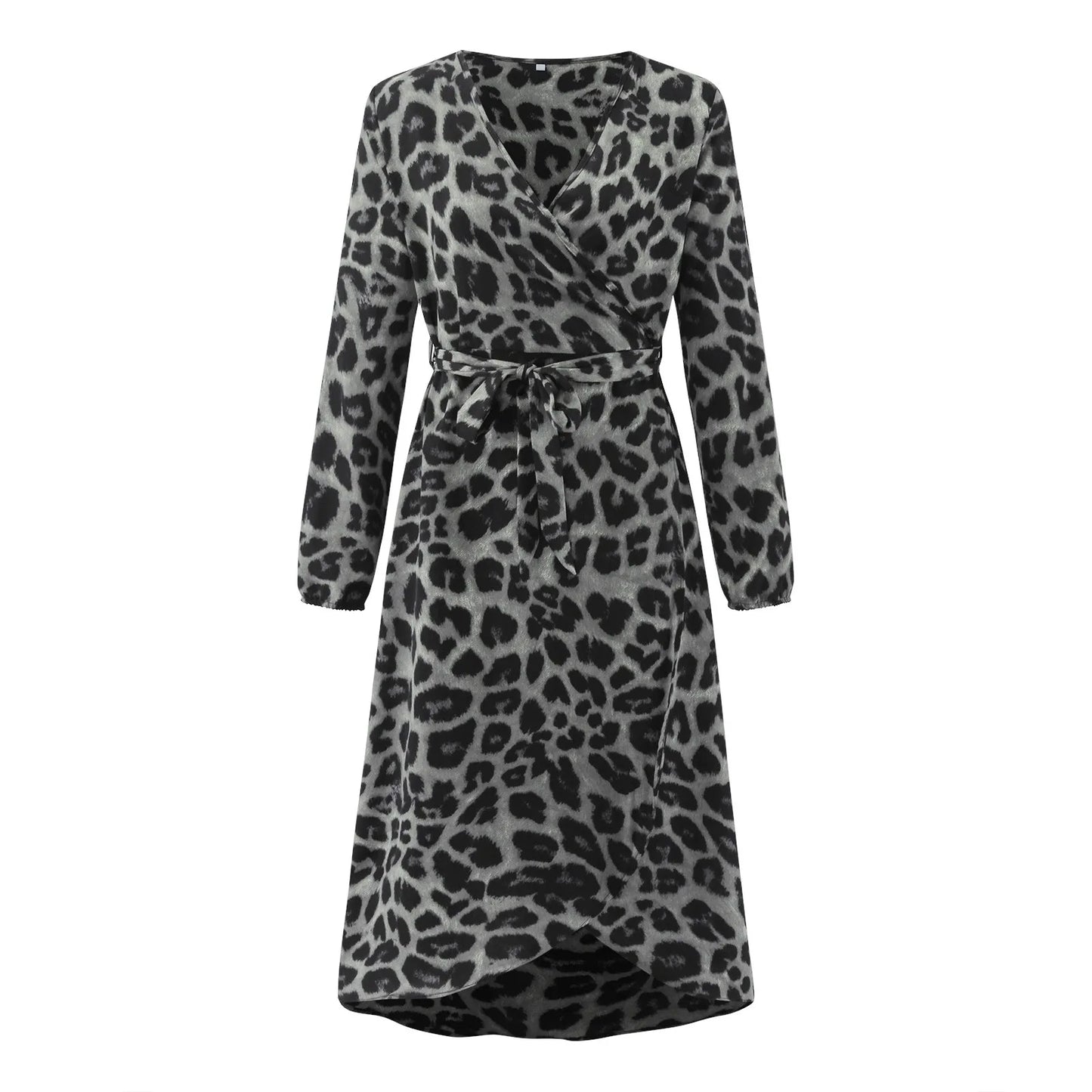 Sexy Leopard Shirt Dresses for Women Spring Summer Long Sleeve V Neck Wrap Maxi Dress Elegant Office Lady Party Midi Dress Robe