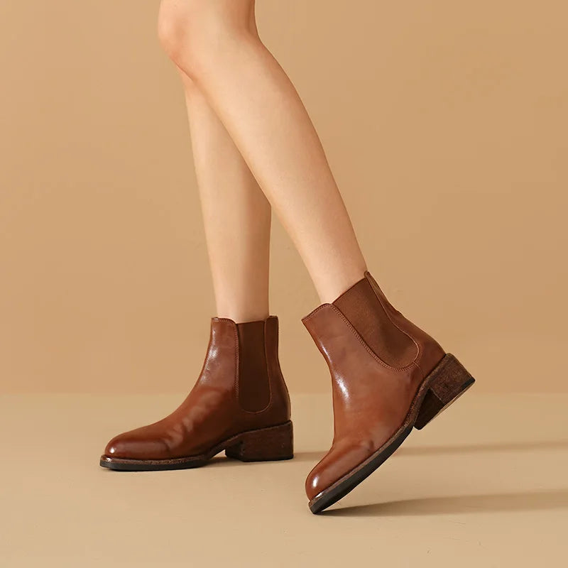 BEAUTODAY Ankle Boots Women Genuine Horse Leather Chelsea Booties Round Toe Elastic Band Vintage Ladies Shoes Handmade 03D64