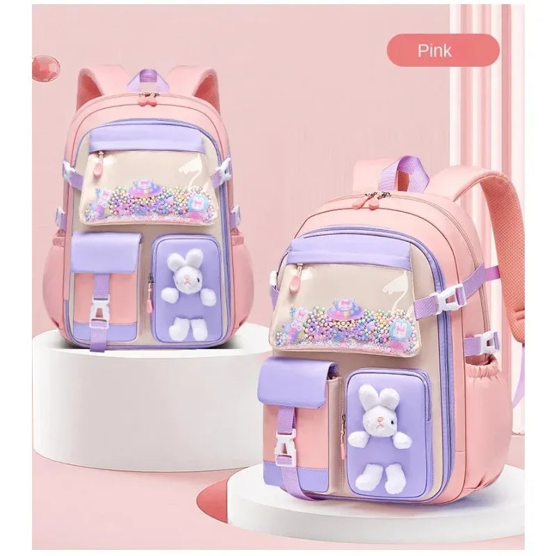 School Bag Oxford Cloth Polyester Waterproof Cute Cartoon Backpack Girls Spine Protection Rucksack Daily Campus Commuting Bag