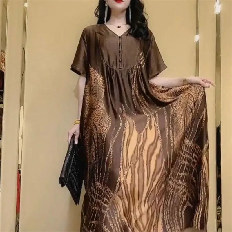 High end brand Ice silk dress 2025 Summer New Style Stylish and Fashionable Covering Belly Slim Women's French Silk Long Dress