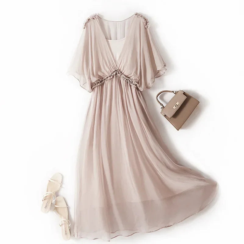 100% Silk Dress New Fashion Summer Dresses For Women 2024 High Quality Casual Dress Women Elegant Midi Dress Vestido Feminino Lq