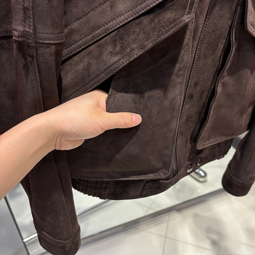 YOLOAgain Women Real Leather Jacket Oversized Light Khaki Suede Leather Jacket Coat With Collar