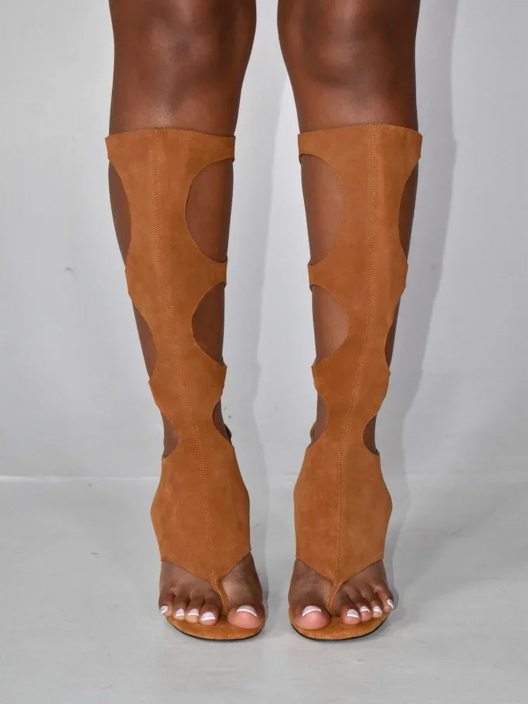 2025 New Luxury Women's Knee-High Boots | Real Horsehair Cut-Out Stiletto Heel & Rear Zipper | Evening Party Club Dress Shoes