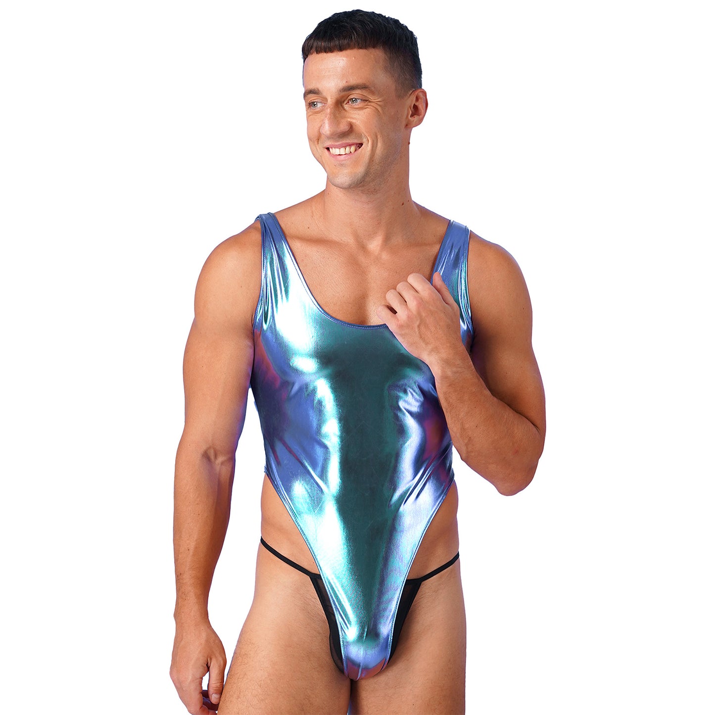 Mens Glossy Bodysuit Fashion One-piece Swimsuit Sleeveless High Cut Wetlook Faux Leather Stretch Leotard Unitard Bathing Suit