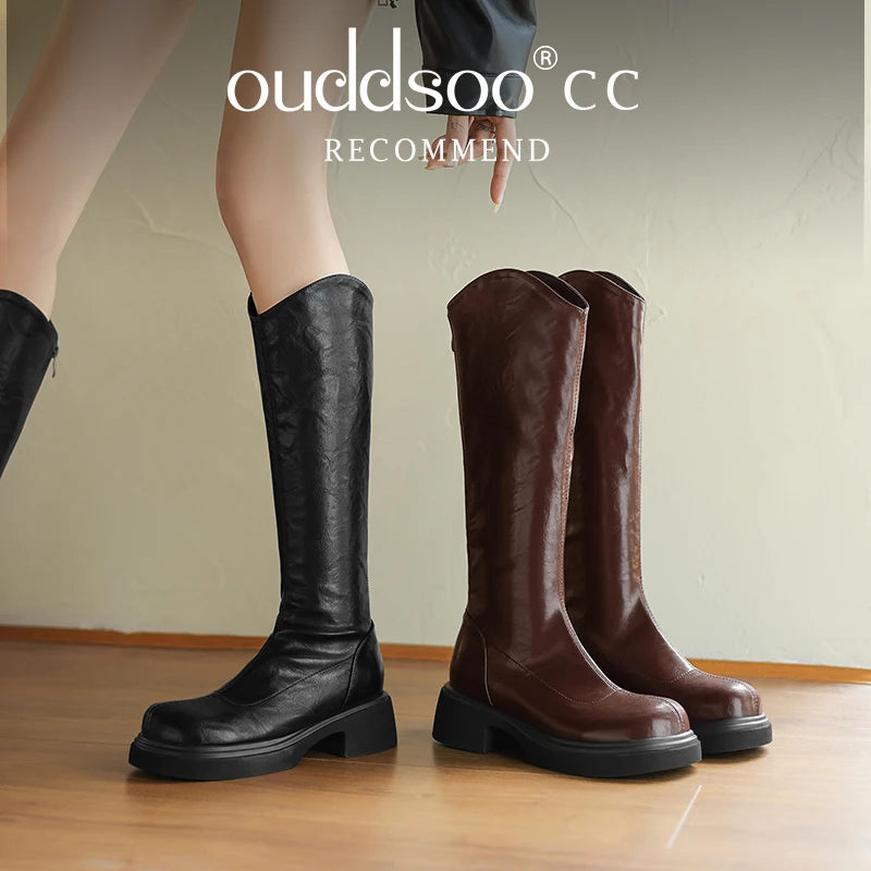 Ods  Footwear Elegant Heeled Shoes for Women Brown Ladies Boots Platform Winter Knee High Shaft Heels Long Boot Lady 40 41 42 43