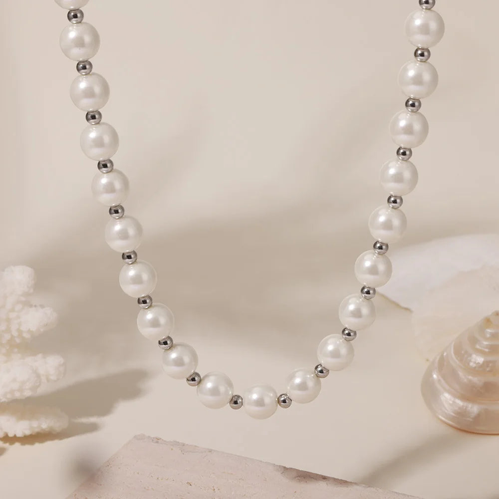 Necklace for Women No Fade Clavicle Chain 12mm White Shell Beaded Stainless Steel Charm Female Jewelry Gift