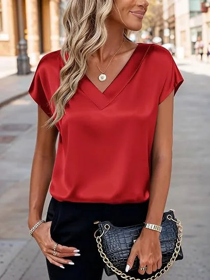 Women's Summer New T-shirt Casual V-Neck Short Sleeve Blouse Business Casual Tops Satins Silk Summer Shirt Work Solid Color Tops