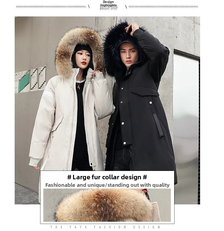 New Winter Down Jacket Men's Couple Fashion Big Fur Collar Medium and Long Youth Pie To Overcome Warmth and Thickening Tide