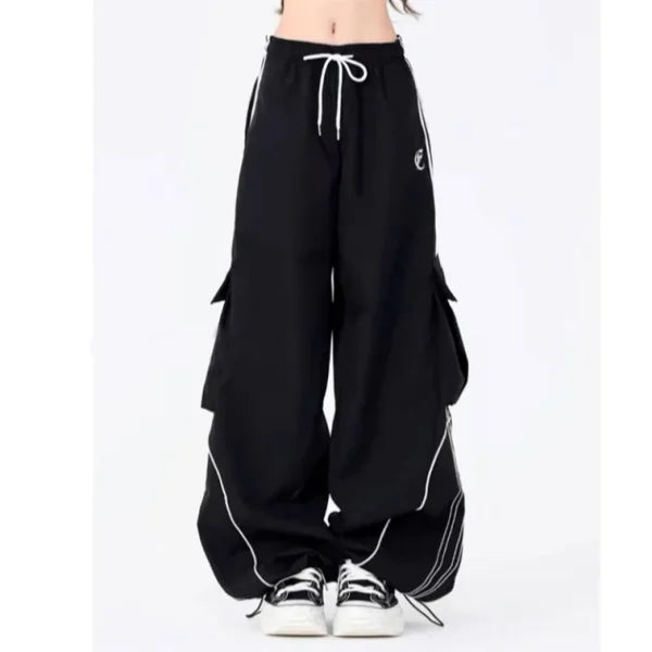 American High Street Black Drawstring Workwear Casual Sports Pants Women Spring 2026 New Loose Wide Leg Floor-Length Pants