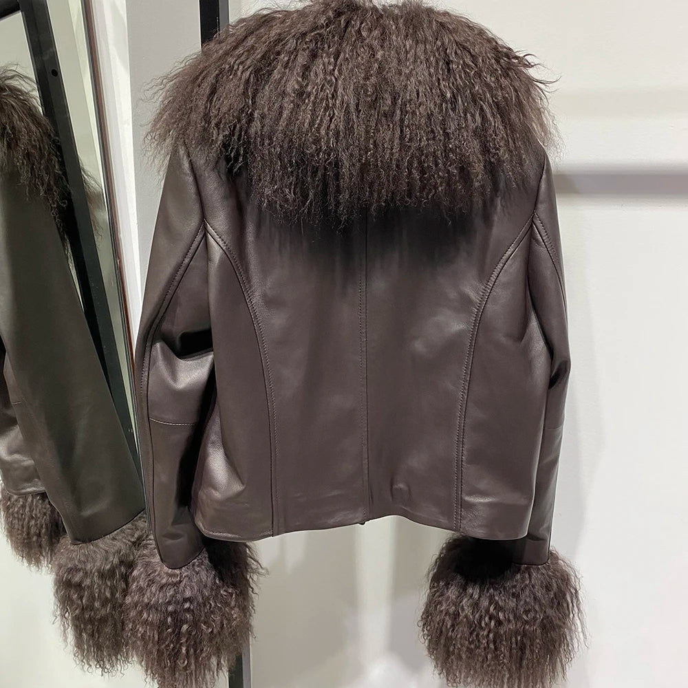 YOLOAgain Women's Mongolia Sheep Fur Collar Real Leather Jacket Single Breasted