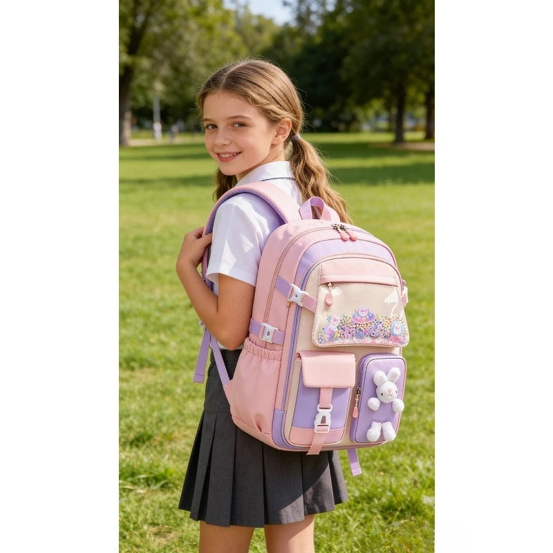 School Bag Oxford Cloth Polyester Waterproof Cute Cartoon Backpack Girls Spine Protection Rucksack Daily Campus Commuting Bag