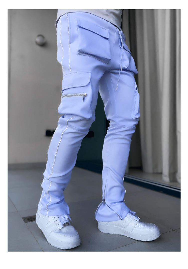 Spring and Autumn Workwear Pants Men's Fashion Brand Elastic Multi-Bag Reflective Straight Sports Fitness Casual Trousers