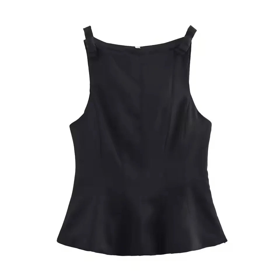 Summer Women Vintage Black Cropped Tops Bow Slim O Neck Sleeveless Off Shoulder Tank Tops Trend Female Casual Chic Vest Top