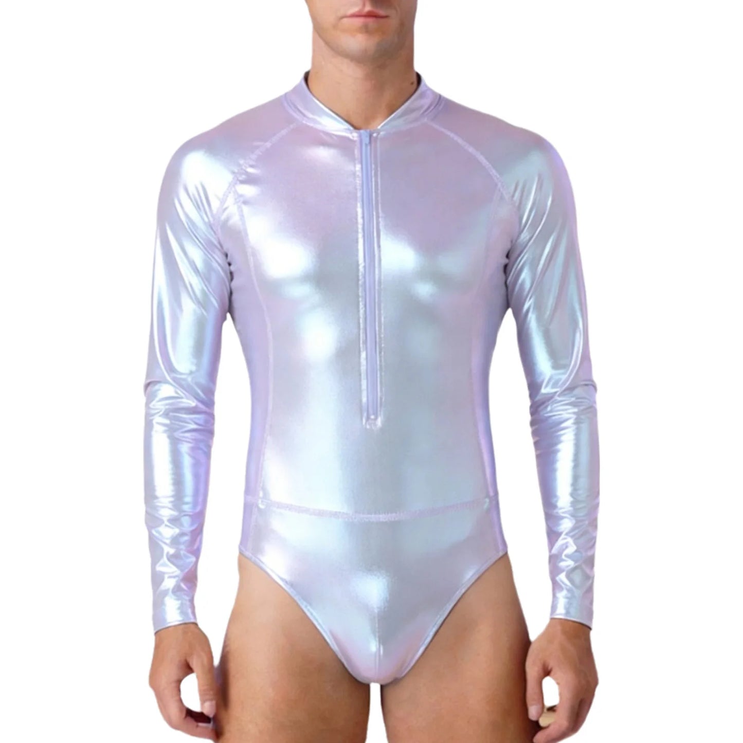 Mens Bathing Suits Swimsuits Metallic Shiny Bodysuit Long Sleeve One-piece for Nightclub Jazz Dance Beach Gymnastics Leotard