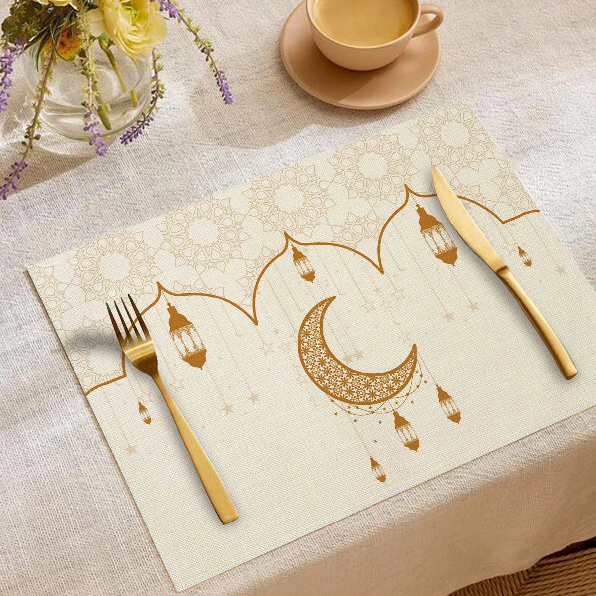 Artistic Ramadan Moon Lantern Floral Pattern Placemats Exquisite Watercolor Geometric Designs Heat Resistant Table Mats