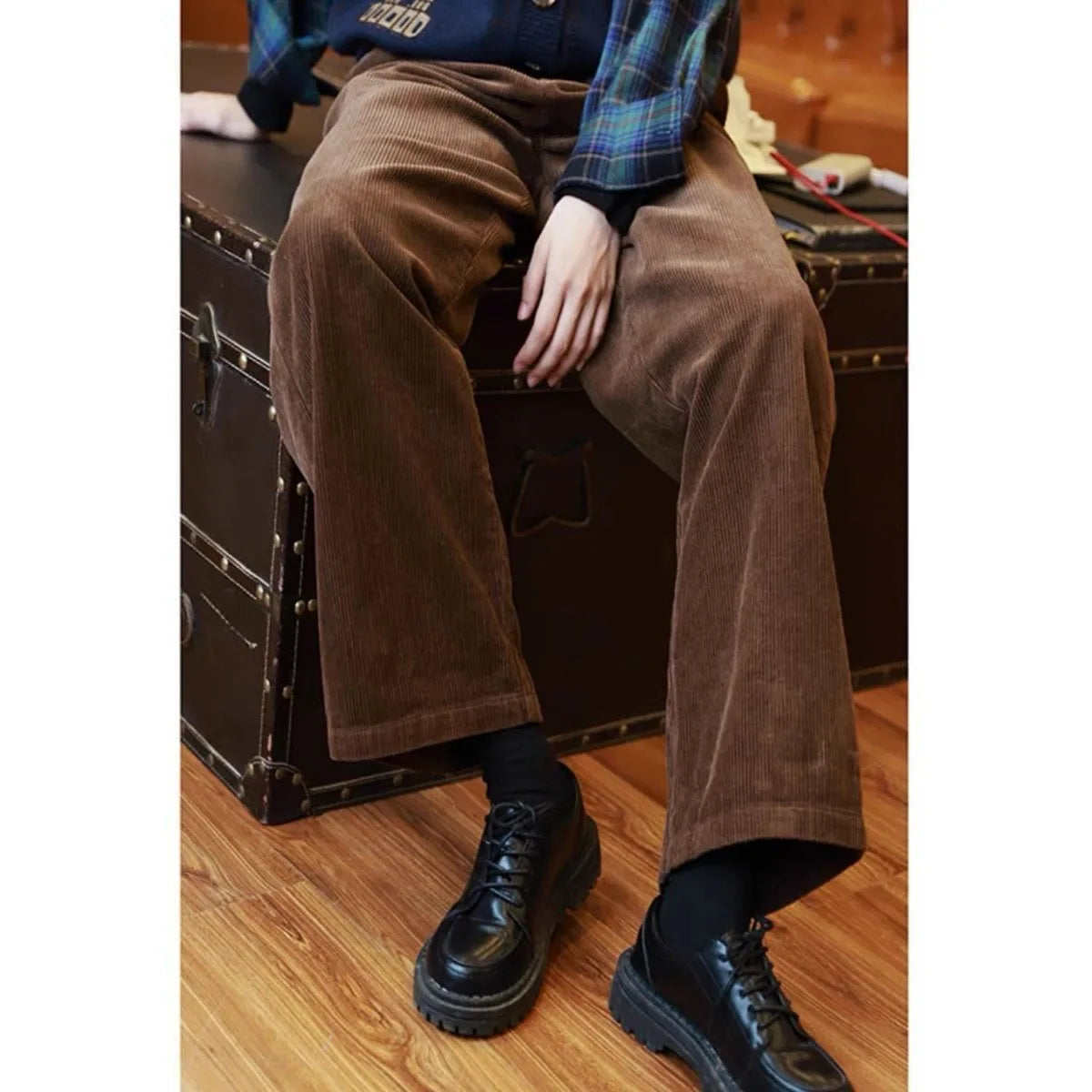 Retro High Waist Corduroy Pants Women Spring Fall Straight Causal Full Length Trousers Korean Fashion Baggy All Match Black Pant