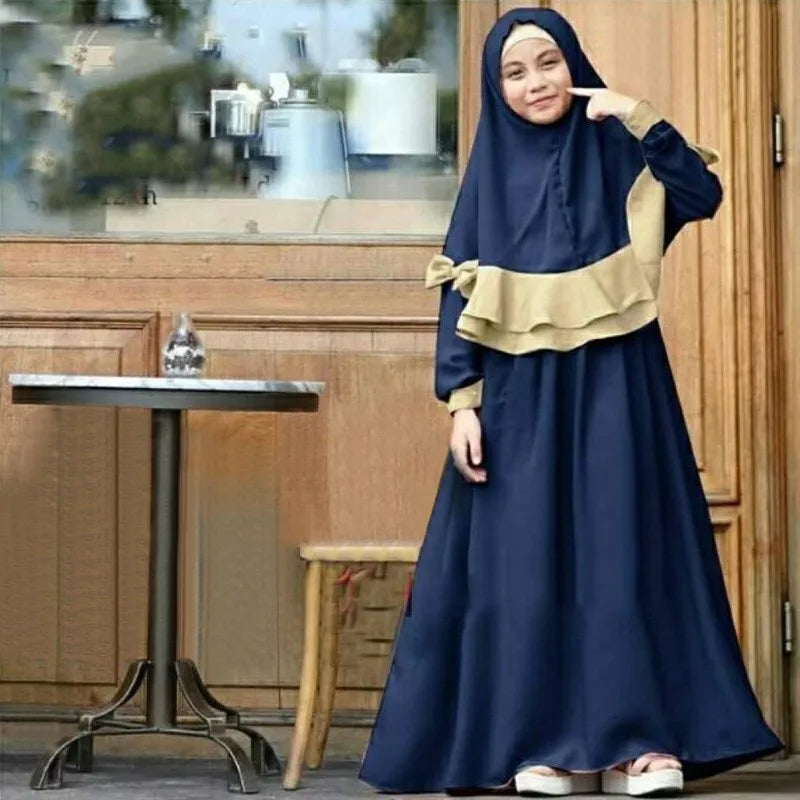 Islamic Muslim Kids Girls Prayer Dress Burka Kaftan Abaya Ramadan Robe Arab Middle East Clothes 2pcs Set Bow 2 Color Patchwork