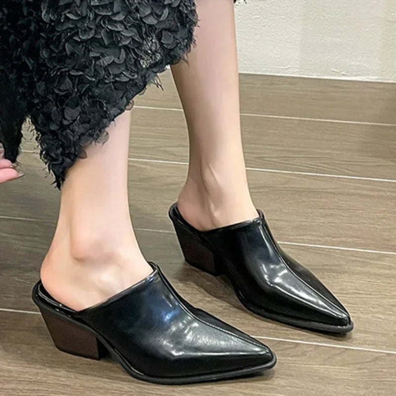 2024 Spring Summer New  Slippers Sexy Pointed Toe Slip on Shoes  Mules Female Fashion Thick Heel Outdoor Dress Sandals