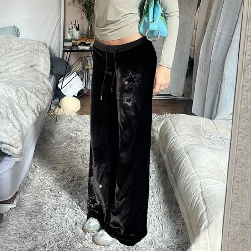 AltGoth Y2k Streetwear Gothic Velvet Pants Women Dark Cyber Punk Harajuku Grunge Pentagram Printed Low Waist Stright Pants Femme