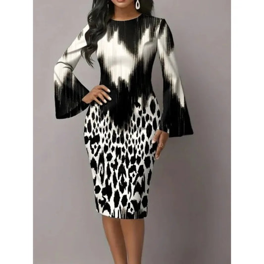 Elegant Night Out Dress Black White Graphic Print Bodycon Midi Dress with Dramatic Flare Sleeves Modern Dress for City Night Out