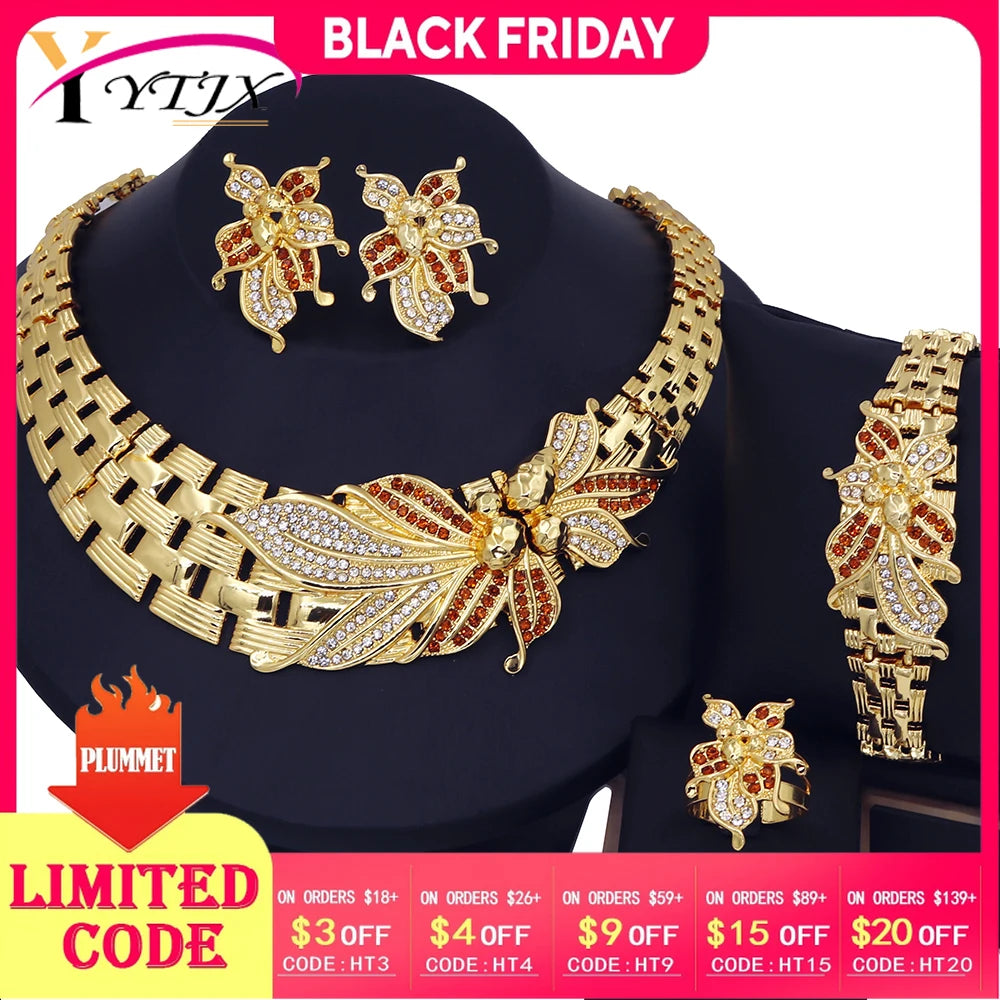 YTJX Wedding Jewelry Set Africal Big Flower Choker Necklace Fine Zircon Bracelet Piercing Earring Ring 18K Gold Plated Jewellery