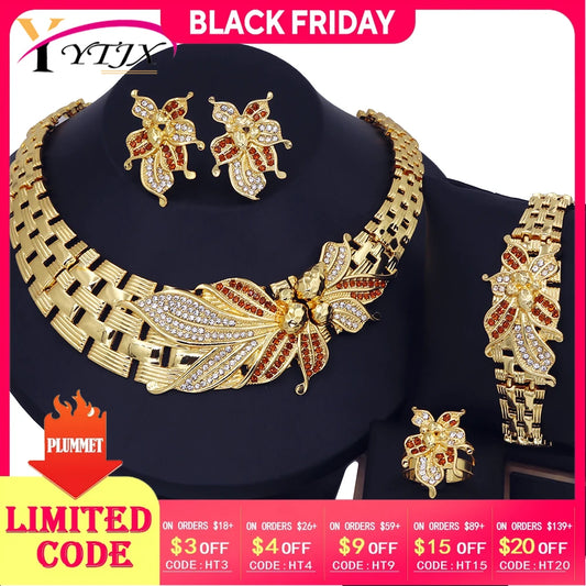 YTJX Wedding Jewelry Set Africal Big Flower Choker Necklace Fine Zircon Bracelet Piercing Earring Ring 18K Gold Plated Jewellery