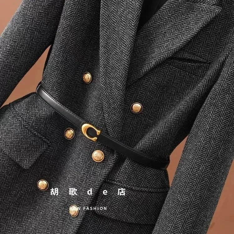 2025 New Women Long-Sleeved Suit Jacket Woolen Coat Double-Breasted Fashion Suit Mid-Length Jacket Women Autumn Winter Outwear