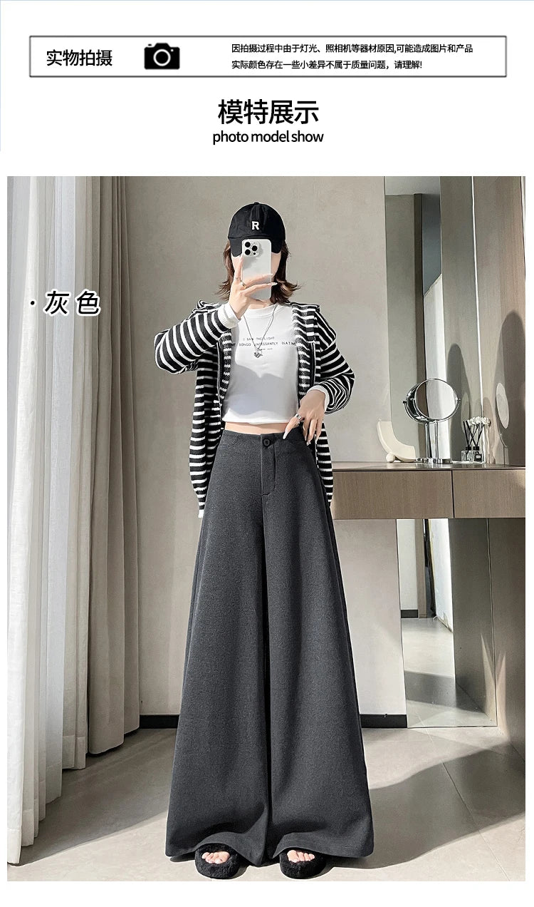 High Quality Woolen Suit Wide-leg Pants Women Fall Winter High-waisted Loose Trouser Female Chic Solid Thick Outwear Bottoms New