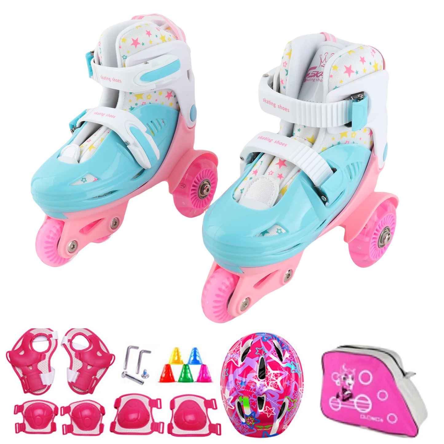 Flash Skating Shoes Kids Beginner Roller Skating Shoes Set Children Skates with Kneepad Elbow Pads Helmet Barrier Backpack Rolle