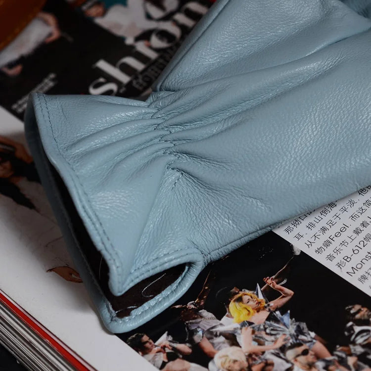 Women's Ladies 100% Real Leather Sheep skin Elegant Winter Warm Thick Lining White Pink Colorful Cute Outdoor Short Gloves