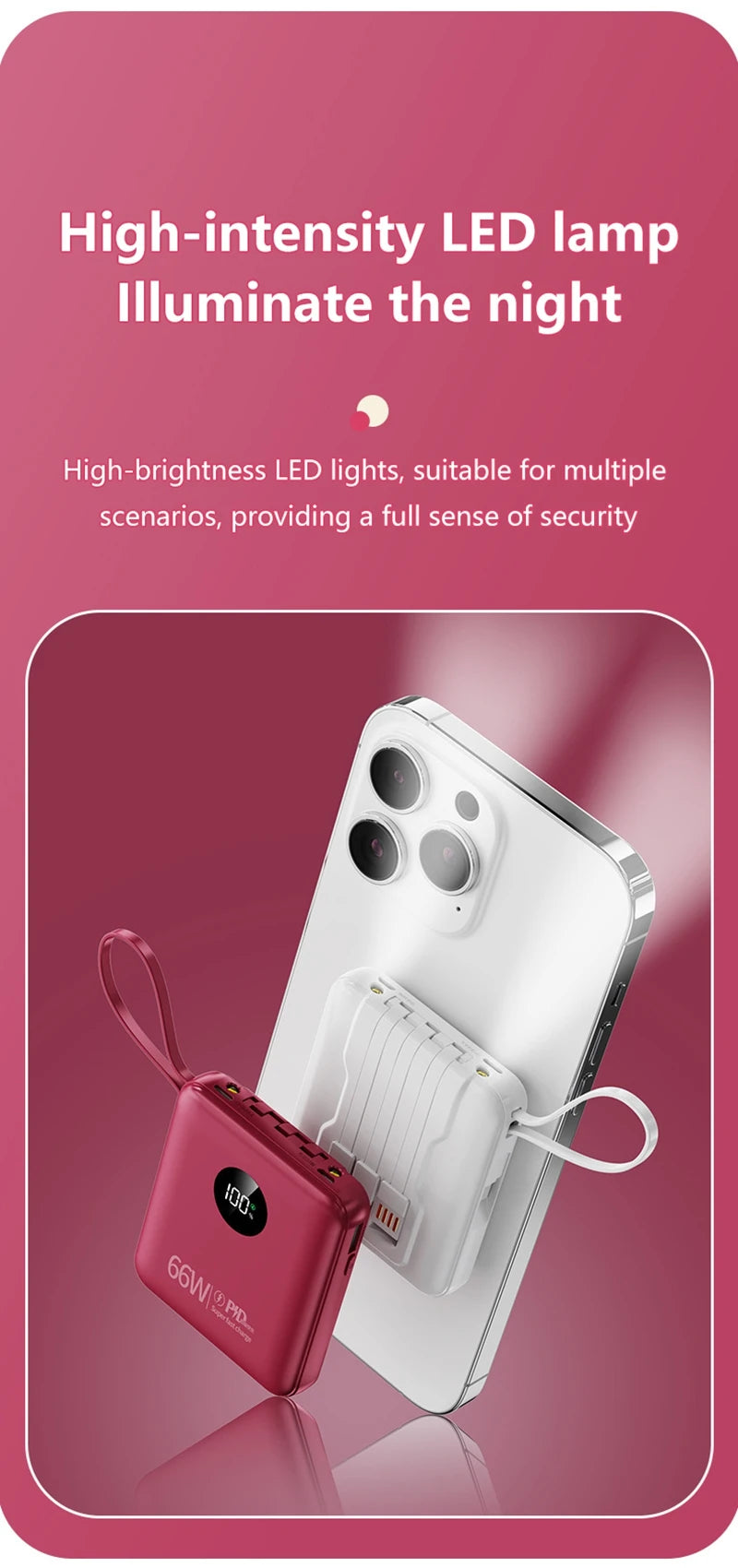 50000mAh PowerBank 66W Super Fast Charging with Cable Large Capacity Compact Portable Mini Shared Four Wire Mobile Power Bank