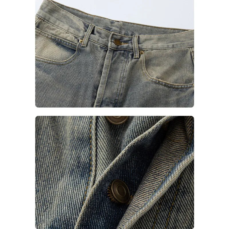 2025 Stylish Minimalistic Washed Ripped Denim Pants for Men Retro High Street Loose Wide Leg Pants for Spring and Autumn