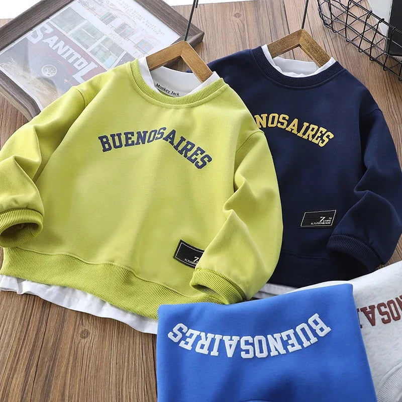 2026 Autumn Spring New Teen Boys Hoodies Solid Color Letter Print Long Sleeve Sweatshirt For 5-12Y Kids Sports Casual Pullover
