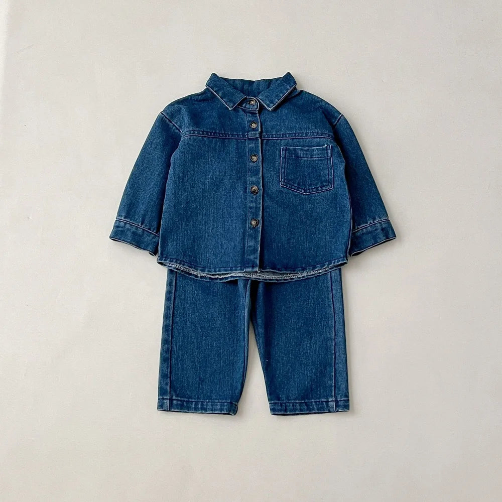Baby clothes 2025 new children's solid color long sleeved denim set, boys and girls cardigan long pants casual sports two-piece