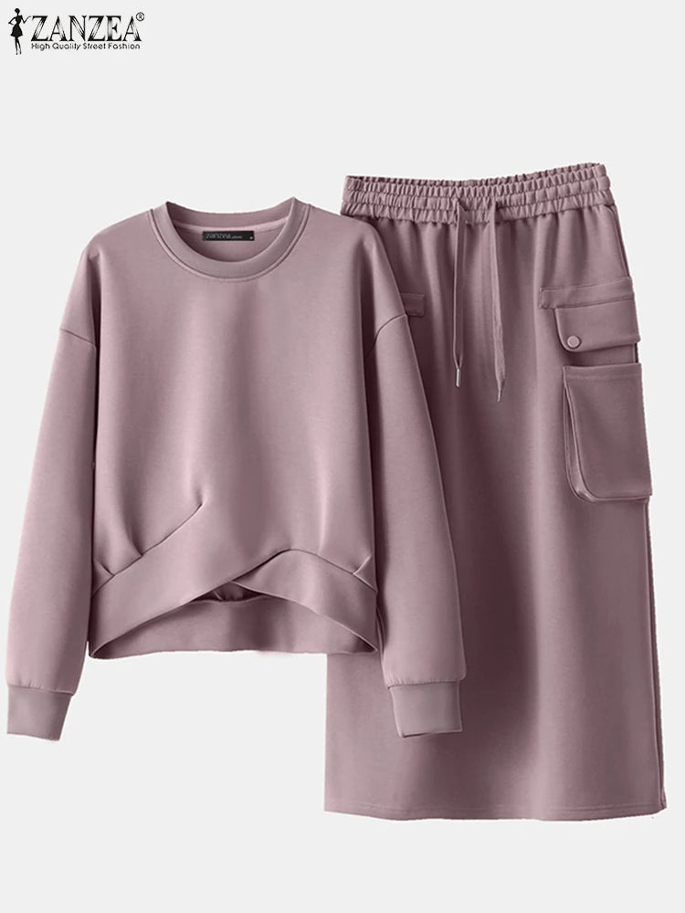 Autumn 2pcs Outfits Winter Stylish Women Sweatshirts Dress Sets 2025 ZANZEA Solid Matching Sets Long Sleeve Hoodies Sundress
