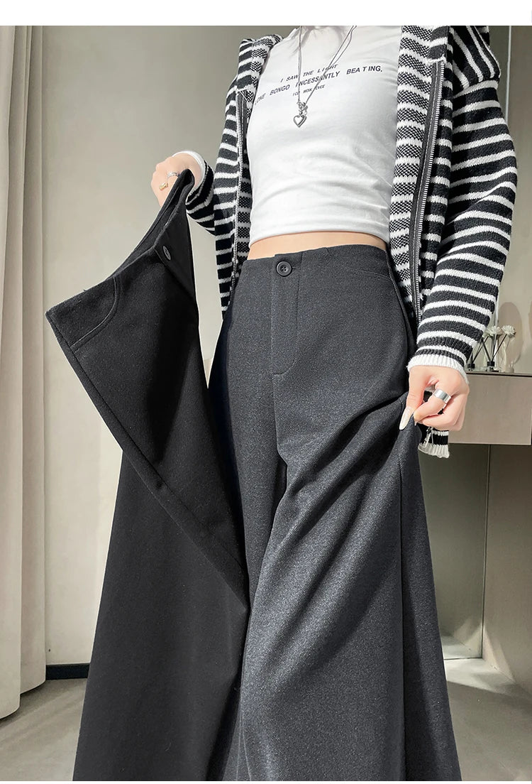 High Quality Woolen Suit Wide-leg Pants Women Fall Winter High-waisted Loose Trouser Female Chic Solid Thick Outwear Bottoms New