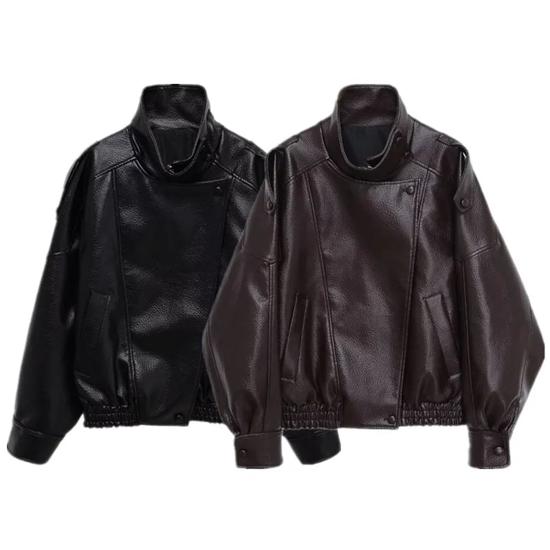 Loose Design Women's Leather Jaet ort Outerwear Warmth Ladies Faion Autumn New Sle Zipper Closure No Hat