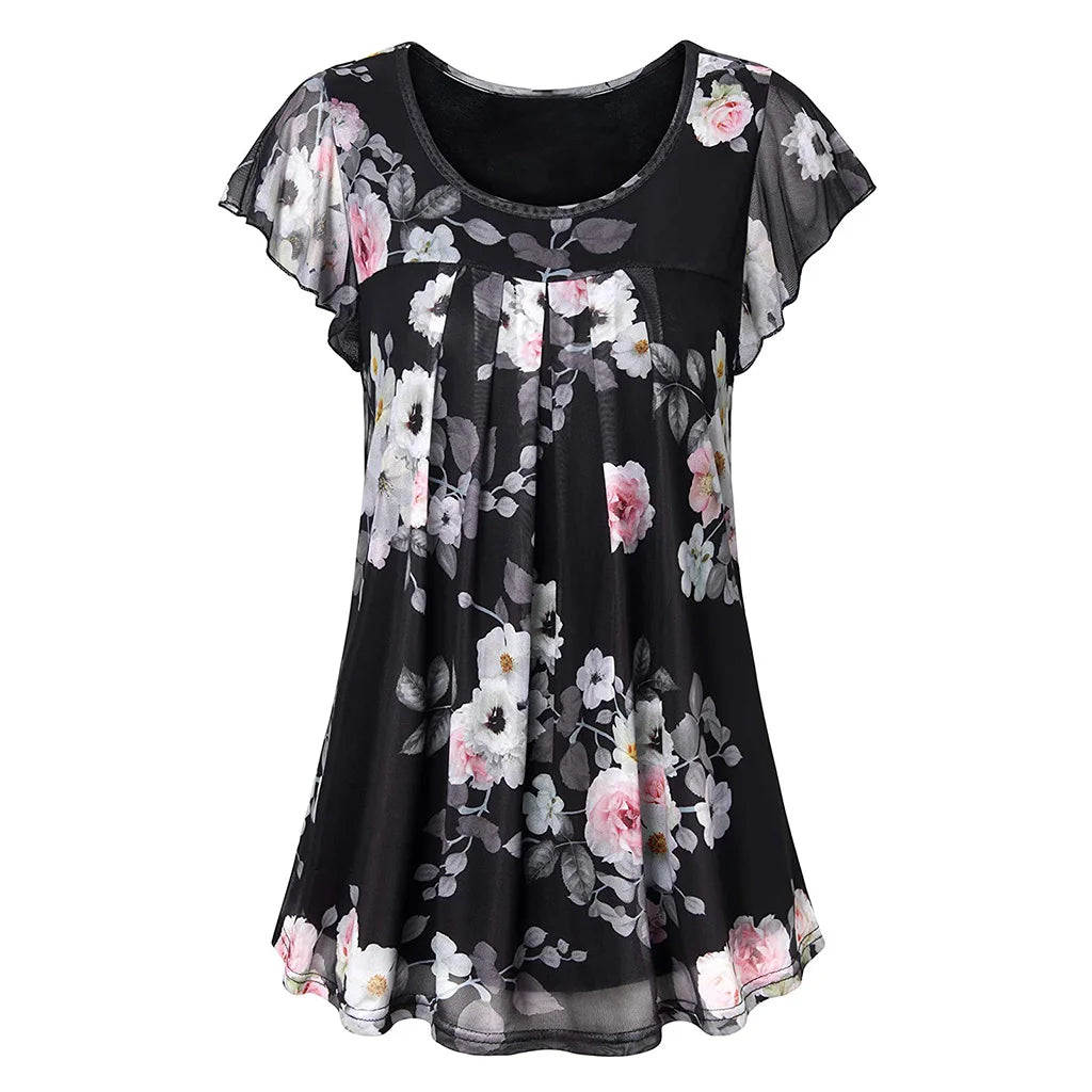 Womens Tops Summer T Shirts Casual V Neck Floral Print Petal Women's Athletic Shirts Mesh fabric Plus Size
