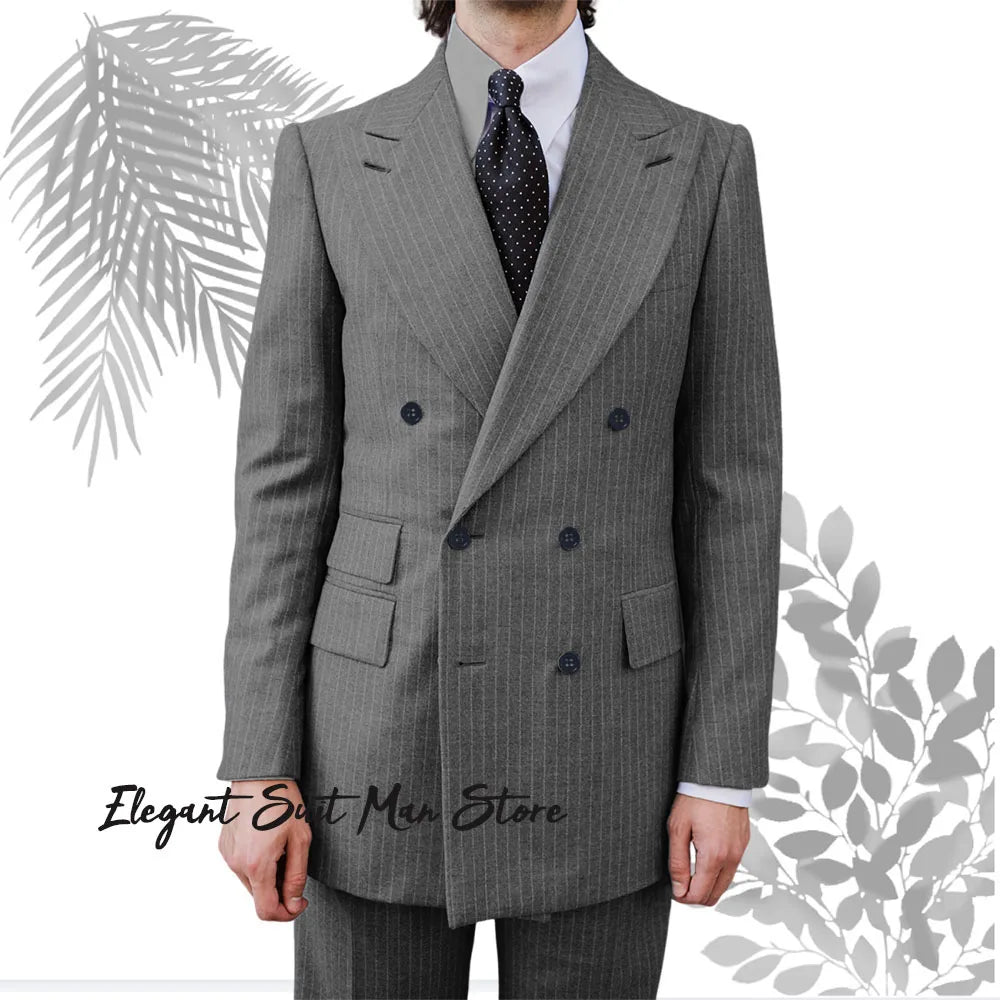 Wool Thick Striped Business Suit 2-piece Set(Jacket+pants) Business suit workwear Double breasted striped suit Jacket suit pants