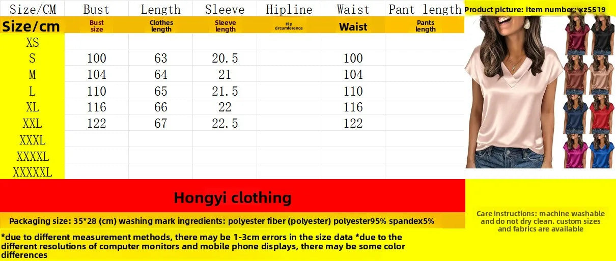 Women's Summer New T-shirt Casual V-Neck Short Sleeve Blouse Business Casual Tops Satins Silk Summer Shirt Work Solid Color Tops