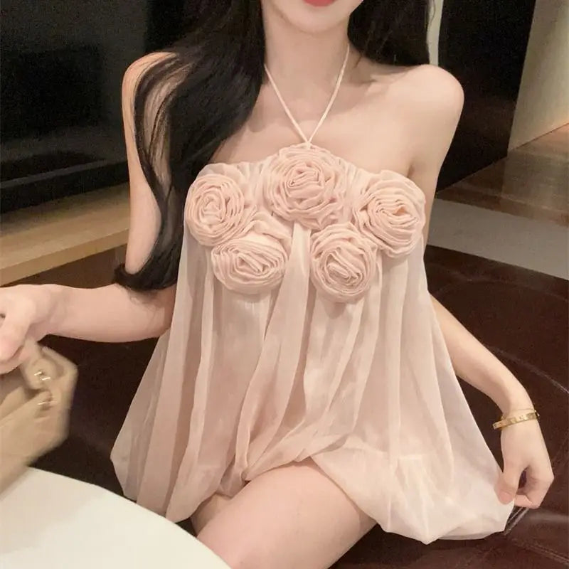 Summer Floral Strapless Tube Top Elegant Blouse Tank Lady Top Y2k Top Cute Fashion Corset Top Mesh Top Sexy Chic Tank Top Women