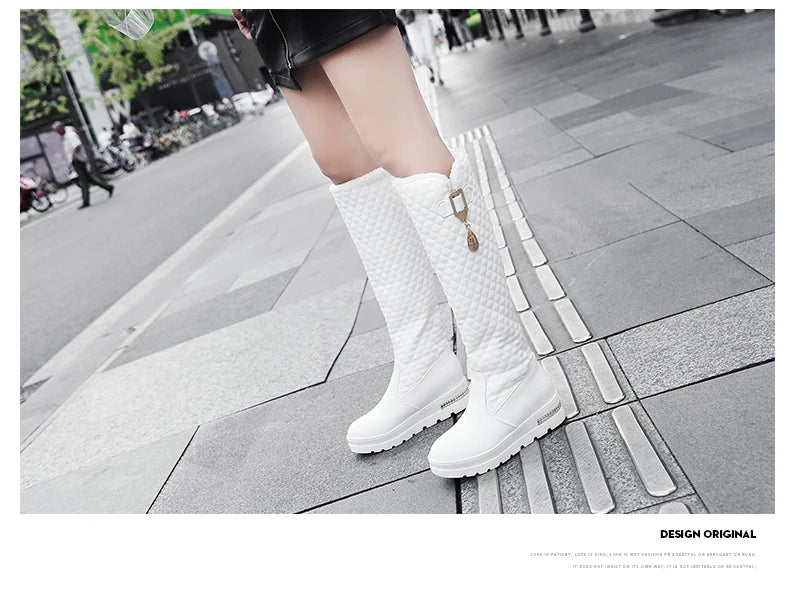 Raised Checkerboard With Metal Square Buckle Warmth Plush Lining Women's Snow Boots Flat Bottoms Elevated Knee Length Boots