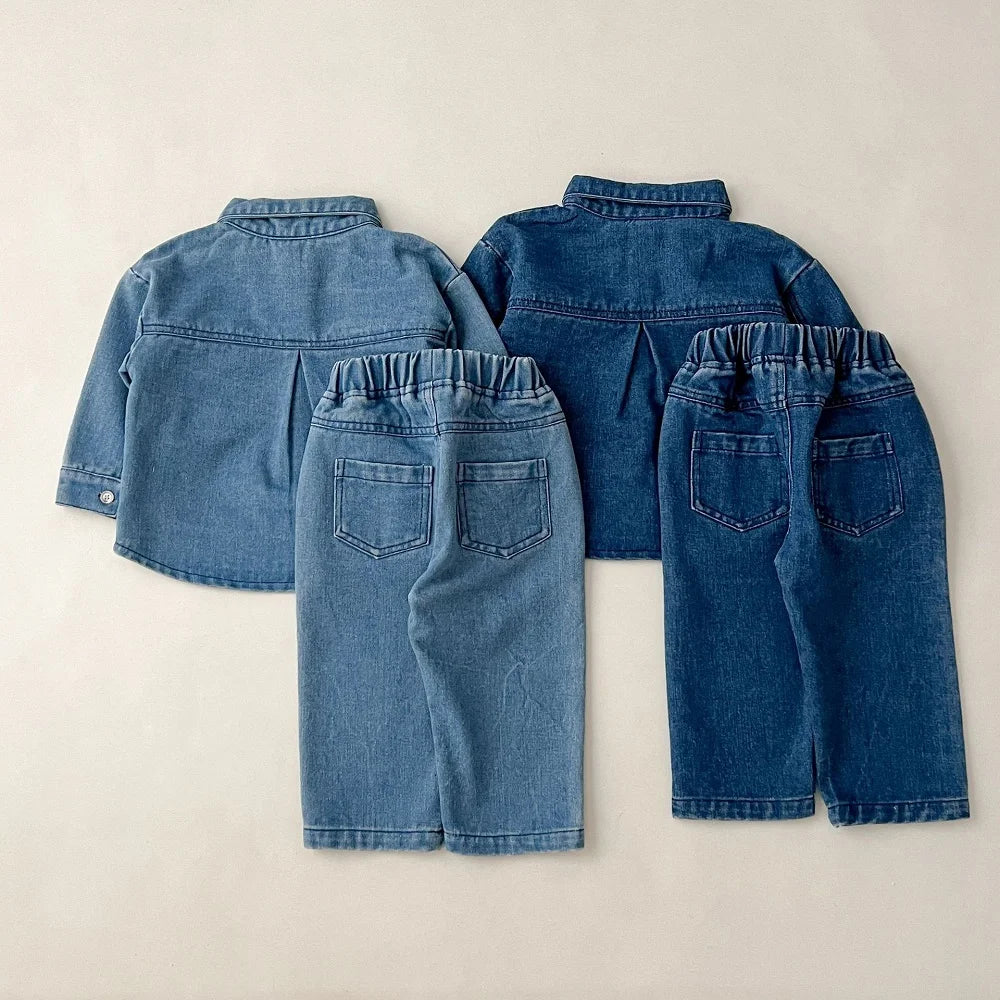 Baby clothes 2025 new children's solid color long sleeved denim set, boys and girls cardigan long pants casual sports two-piece