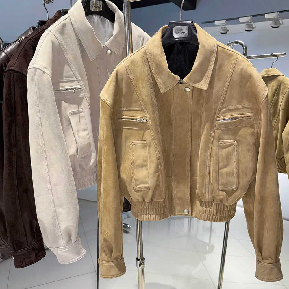 YOLOAgain 2025 Autumn Oversized Suede Jacket Women Real Leather Bomber Jacket Female