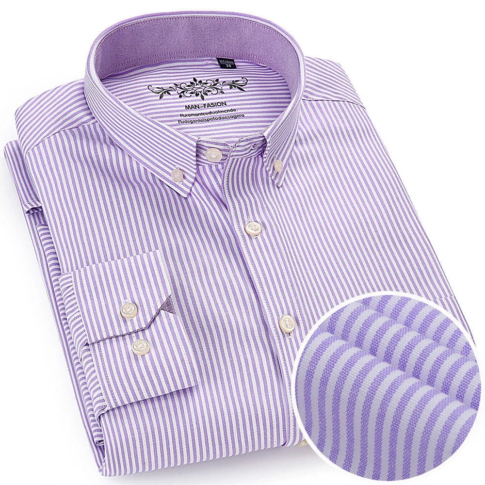 Men's Fashion Long Sleeve Oxford Work Shirt Single Patch Pocket Simple Design Embroidered Regular-fit Casual Button-down Shirts