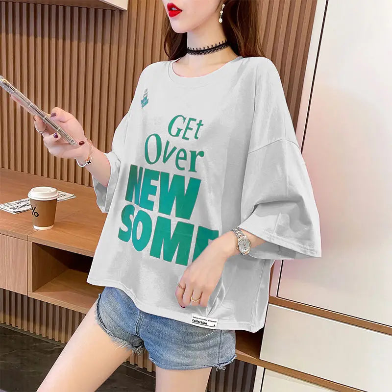 Women's T-shirt Summer Outfit Graphic Short Sleeve Cotton Top Female Baggy Trending Clothing Korean Popular Clothes Cheap Woman