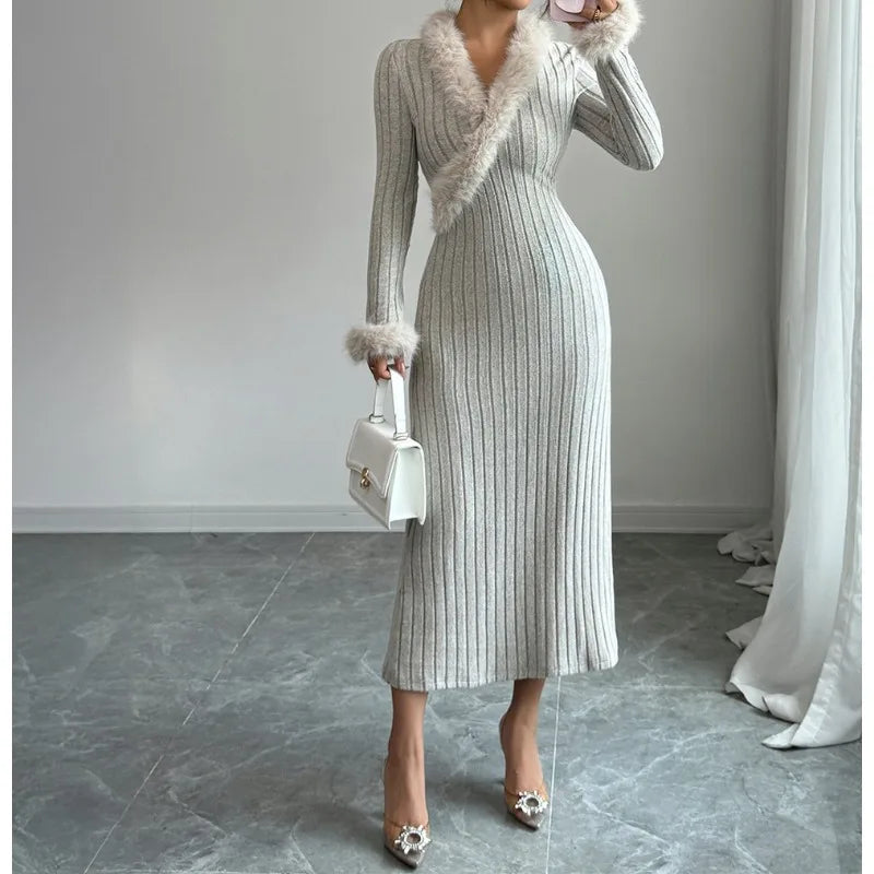 2025 Autumn/Winter Elegant Pure Color Long-Sleeved A-line Skirt Dress