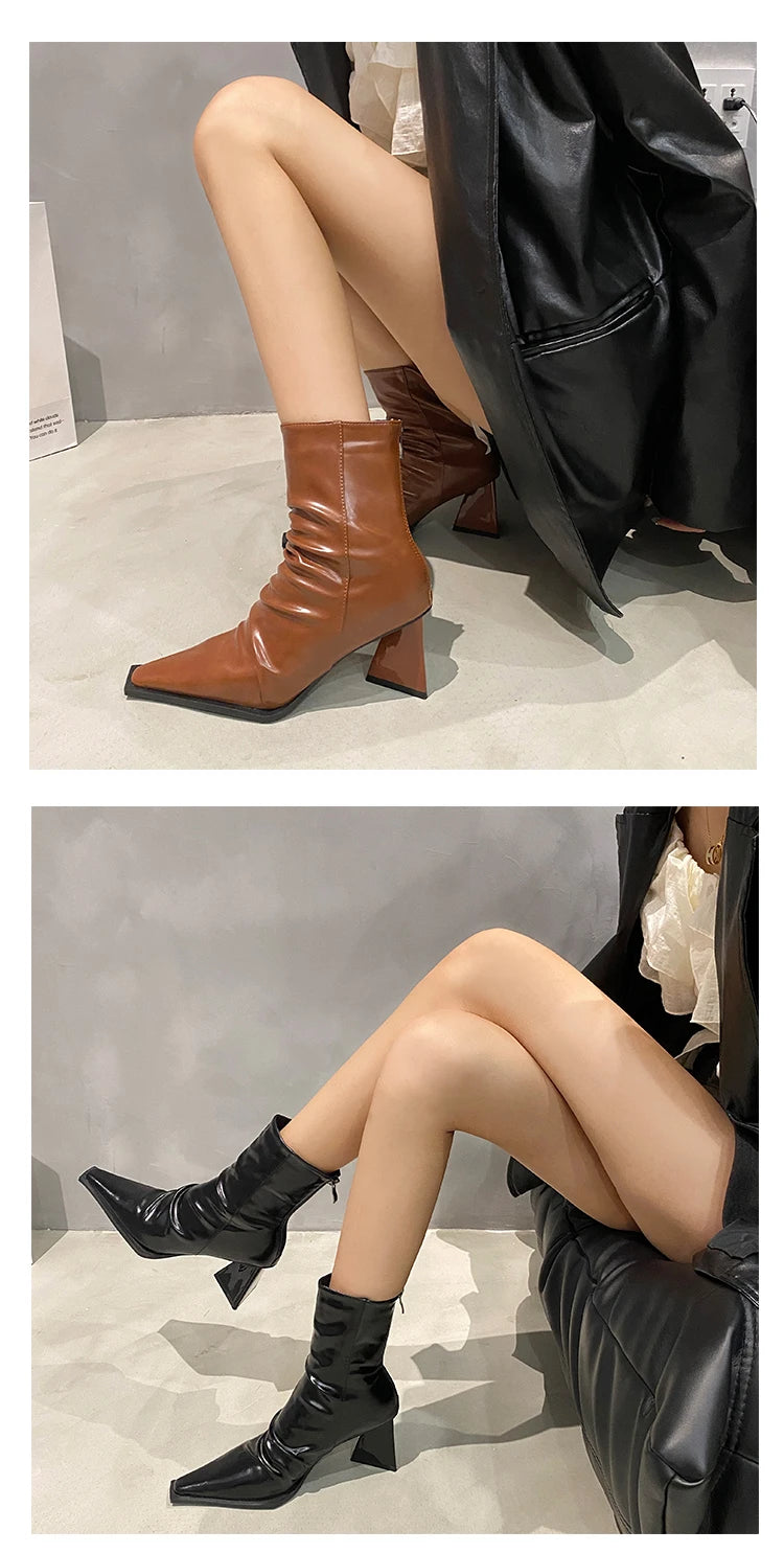 Horse Boots Female Ins Pointed Pink Skinny Boots 2023 Winter New Patent Leather Thick with Fashion High Heel Short Boots