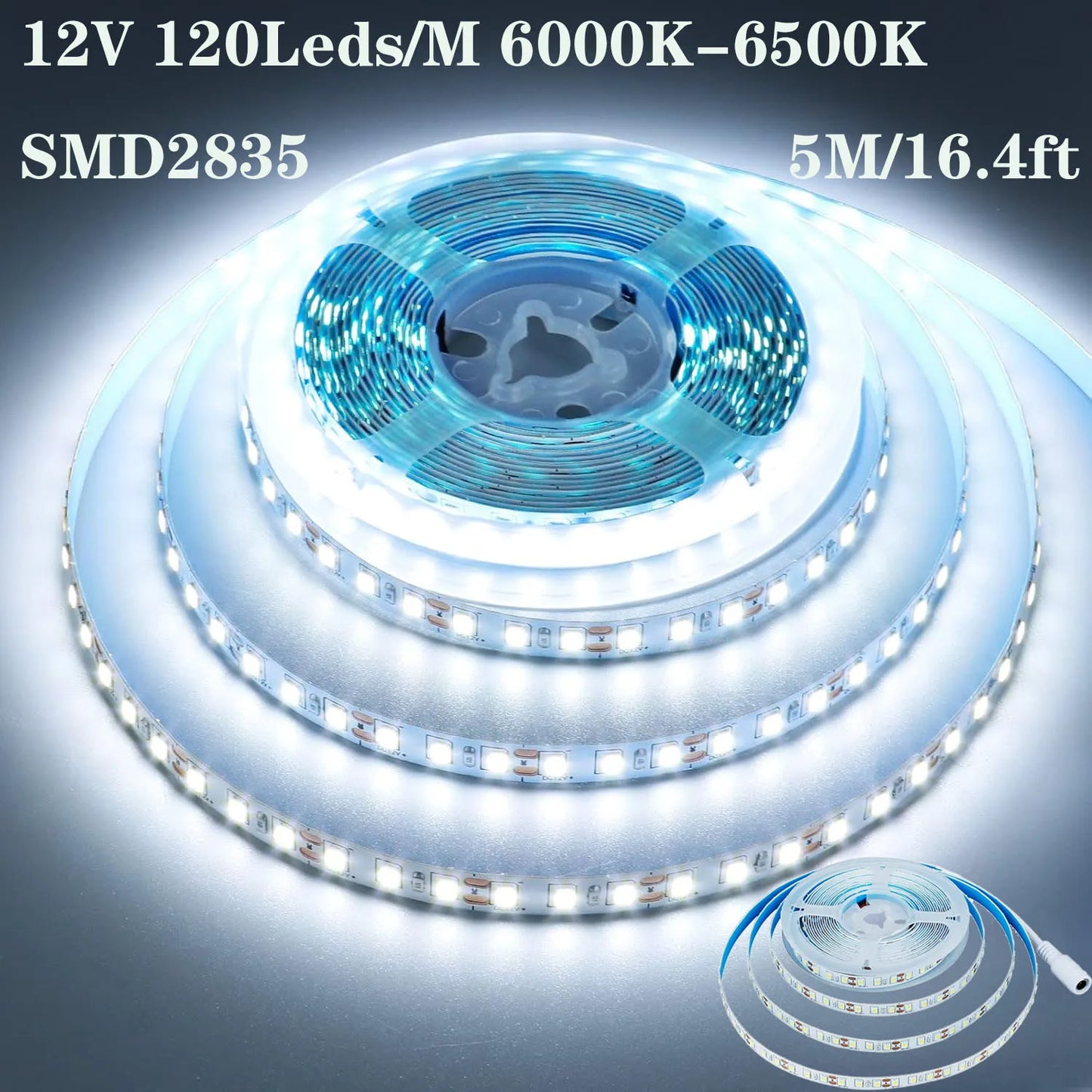2Pcs 16.4Ft/5M 12V 600 Led Strips with Dc Connector, 8mm Wide, 6500K White Light Led Strip, Self-Adhesive, Cuttable Led Strip for Indoor Bedroom Kitchen Cabinet Lighting, Shopping Mall, Hotel, Office Under-Cabinet Lighting, B